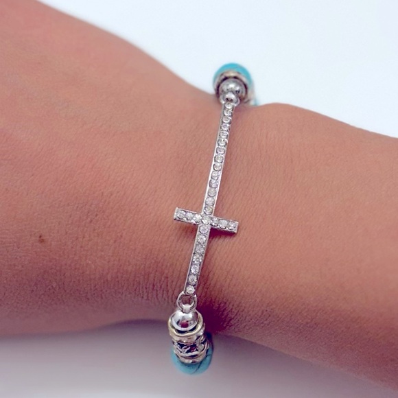 Silver and Turquoise Beaded Cross Bracelet Fashion Jewelry - Picture 5 of 5